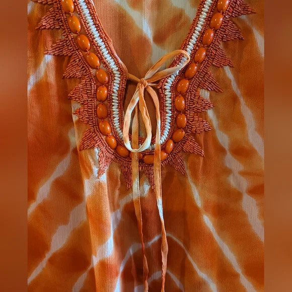 Spiggia Dolce kaftan/swim suit coverup  Orange/White w beautiful beading XL - Picture 3 of 9